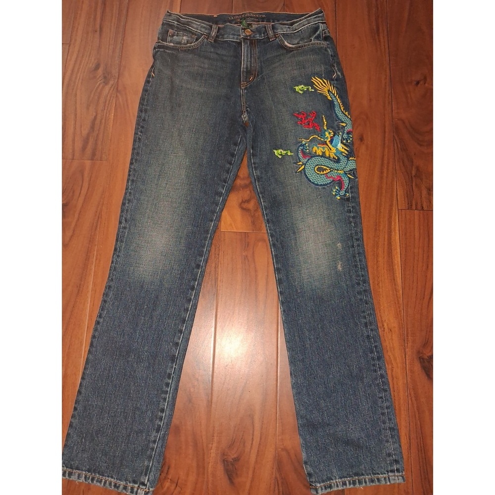 Vintage Lauren Ralph Lauren Jeans Embroidered Dragon Women Size 4 Blue Denim